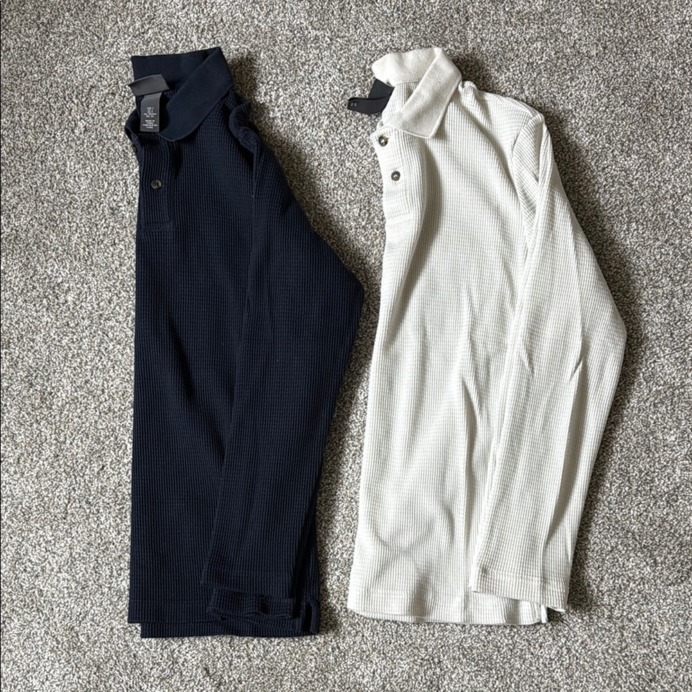 Navy and White Slim Long Sleeve Collared Waffle Shirts
